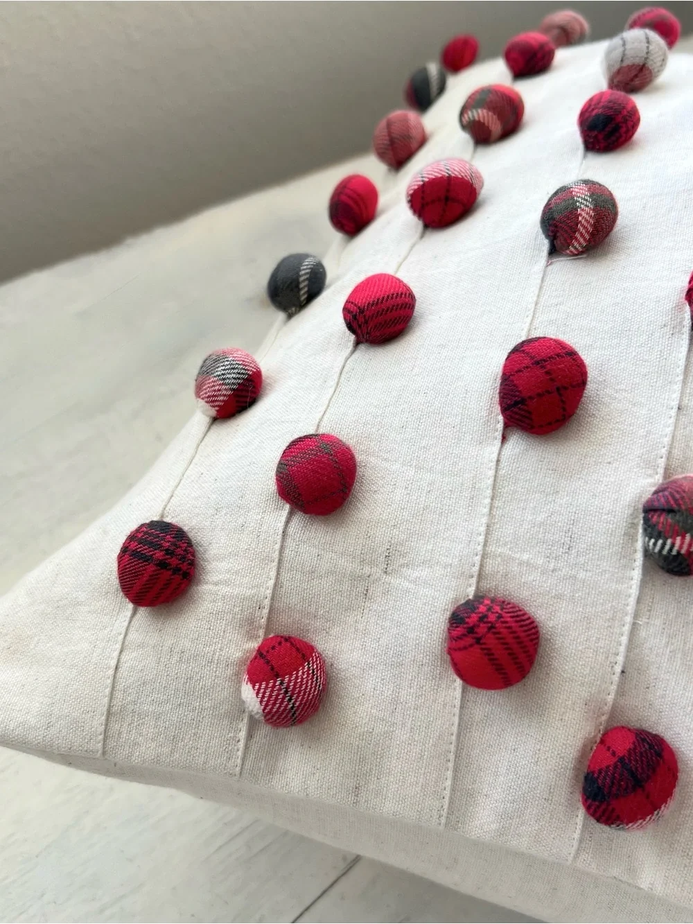 Pottery Barn Cream Pillow with Red and Navy Pom Dots